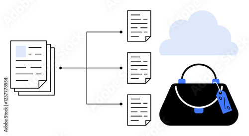 Documents consolidating into a file bag connected to a cloud, representing secure storage and management. Ideal for digital transactions, data organization, cybersecurity, remote access, cloud