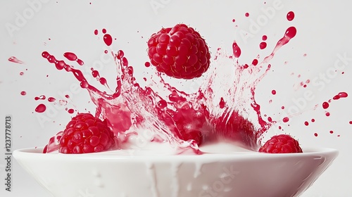 Raspberry Plunge into Milk: A raspberry dropping into a bowl of milk, causing a powerful splash that sends droplets flying in all directions. The fruitâ€™s rich color stands out against the white photo