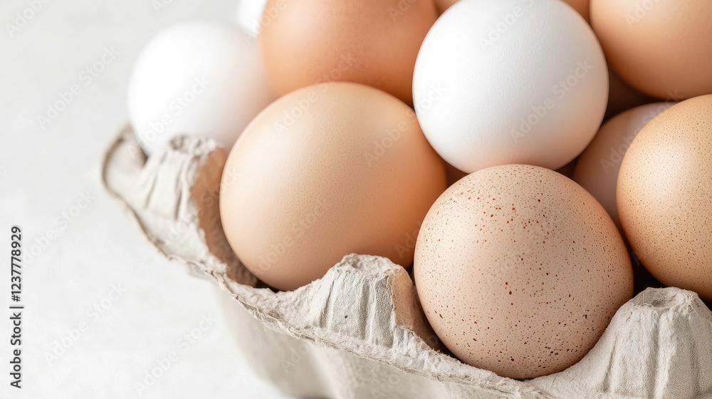Fresh eggs in carton, kitchen counter, healthy breakfast Fresh eggs in carton, kitchen counter, healthy breakfast