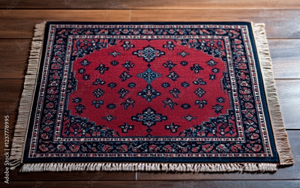A red and blue prayer rug with black borders, featuring traditional Islamic patterns in dark colors. The edges of the carpet have tassels that add to its cultural charm. A red and blue prayer rug with black borders, featuring traditional Islamic patterns in dark colors. The edges of the carpet have tassels that add to its cultural charm.