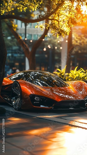 Orange sports car parked under tree, city background. Use Automotive advertisement
