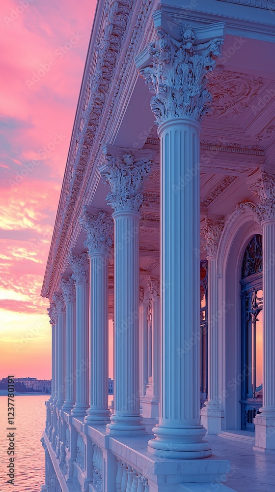 Fototapeta premium Pink sunset over waterfront classical columns; luxury vacation brochure