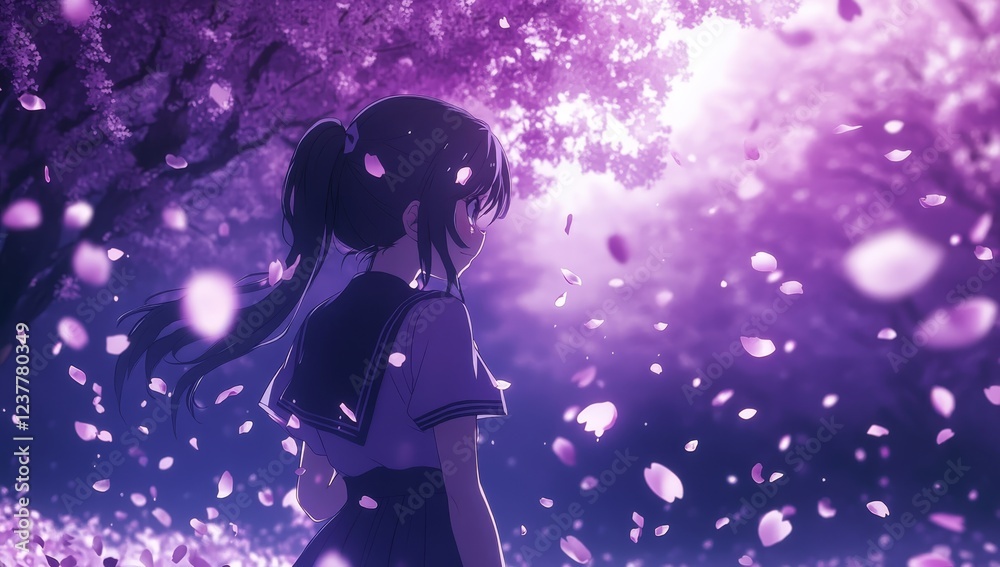 Anime girl in school uniform stands amidst falling cherry blossoms under purple twilight. Anime girl in school uniform stands amidst falling cherry blossoms under purple twilight.