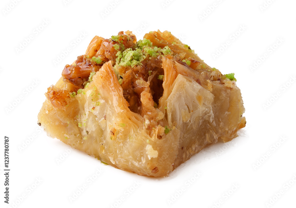 Delicious piece of baklava topped with crushed nuts on a white background perfect for dessert lovers Delicious piece of baklava topped with crushed nuts on a white background perfect for dessert lovers