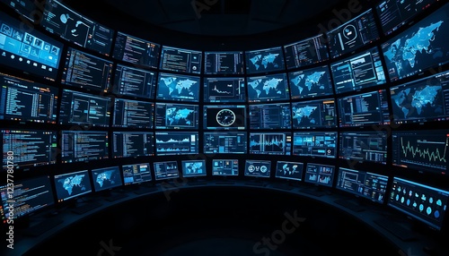 Cybersecurity Operations Center: High-Tech Server Room with Multiple Monitors Displaying Real-Time Data and Network Activity