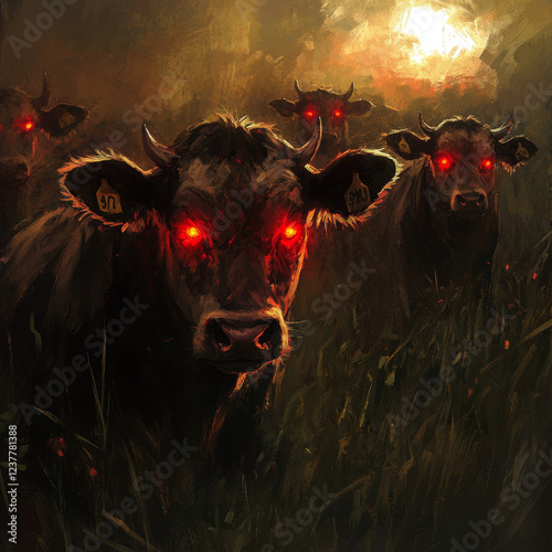 A mythical dairy cow with glowing red eyes, said to bring both milk and mischief, like a devil in disguise. photo