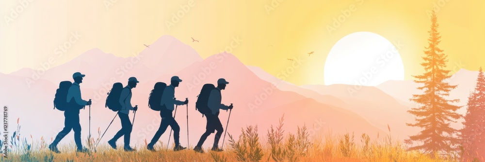 Veterans find solace and strength through nature hikes during a serene sunset in the mountains Veterans find solace and strength through nature hikes during a serene sunset in the mountains