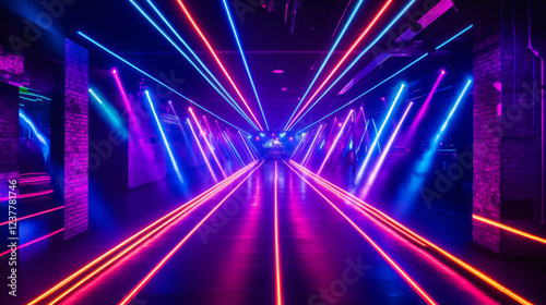 Fototapeta Naklejka Na Ścianę i Meble -  3d render, laser show, night club interior lights, glowing lines, abstract fluorescent background, corridor