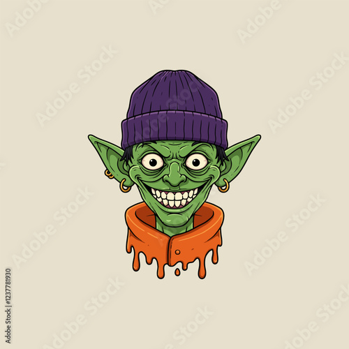 Grinning Green Goblin Mischievous Streetwear Illustration