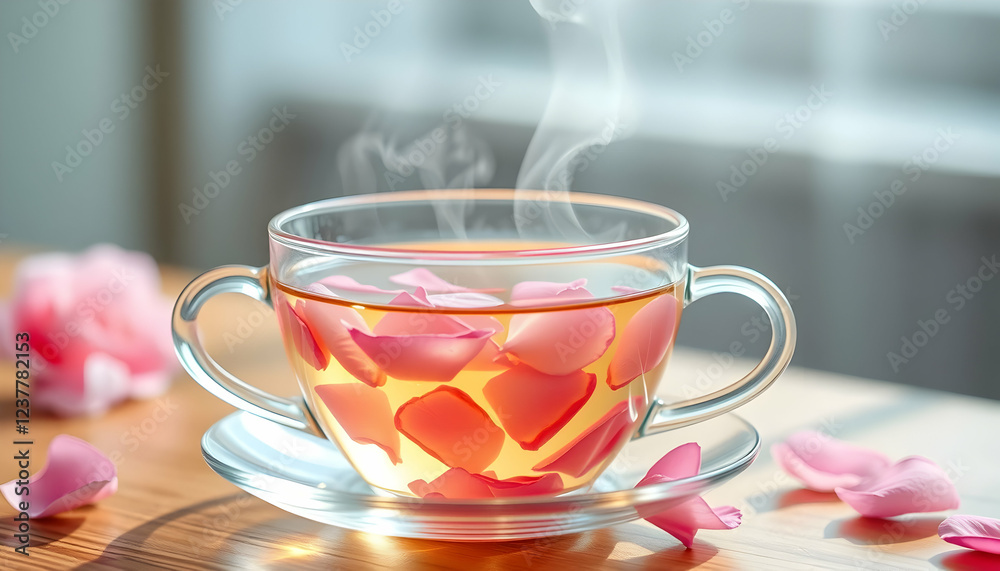 Tea cup, rose petals, clear glass, golden liquid, soft focus, delicate, floral, aromatic, transparent, sunlight, romantic, feminine, elegant, close-up, bokeh, natural light, pastel colors, reflective Tea cup, rose petals, clear glass, golden liquid, soft focus, delicate, floral, aromatic, transparent, sunlight, romantic, feminine, elegant, close-up, bokeh, natural light, pastel colors, reflective