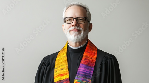 Smiling clergyman in traditional attire with vibrant stole against a neutral backdrop. photo