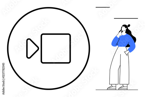 Stylized video call button with triangle and square next to abstract woman thinking. Ideal for technology, digital communication, remote work, virtual meetings, modern lifestyle, online education