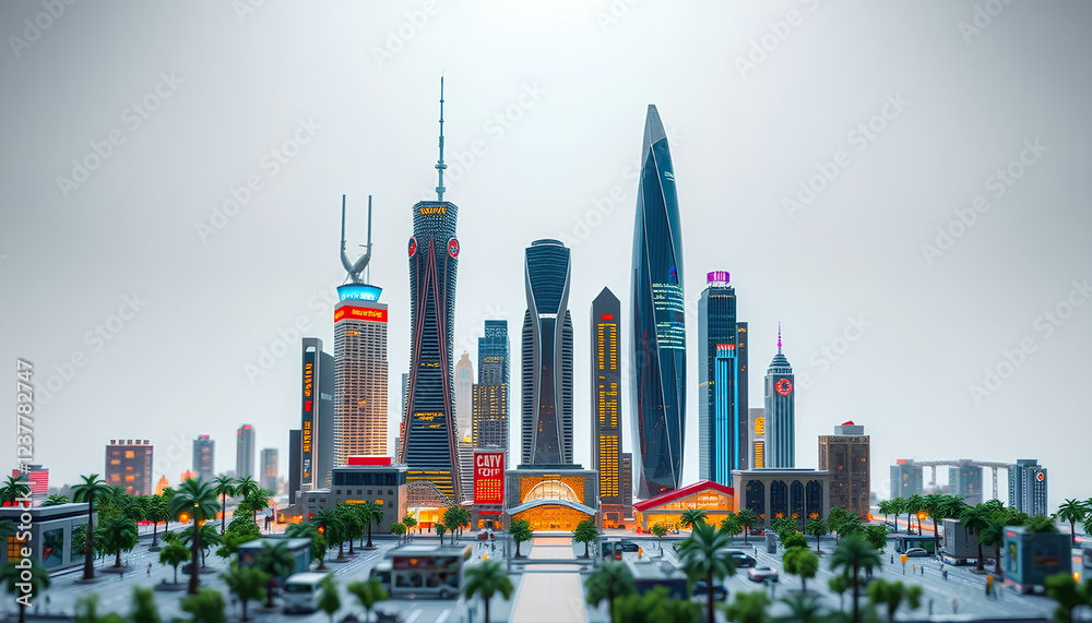 Obraz premium A premium miniature urban world, filled with towering skyscrapers, neon lights, and a sleek city structure, standing against a blank white space