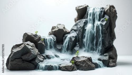 A realistic miniature model of a waterfall with detailed rock formations, gentle mist, and small plants, floating in a white space