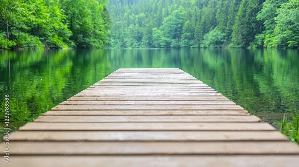 Tranquil lake pier, lush forest backdrop, calm water reflection, nature escape