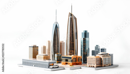 A beautifully crafted small-scale city with iconic skyscrapers, golden lights, and high-end urban design, displayed in a clean white space