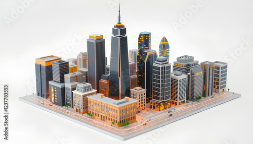 A beautifully crafted small-scale city with iconic skyscrapers, golden lights, and high-end urban design, displayed in a clean white space