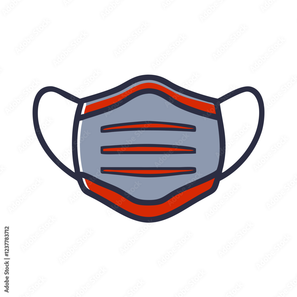 Simple face mask icon with ear loops and three stripes in grey and red colors Simple face mask icon with ear loops and three stripes in grey and red colors