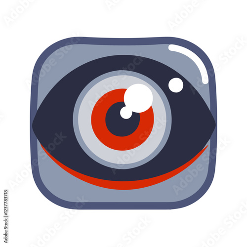 Stylized eye icon with bold colors and round design in grey and red