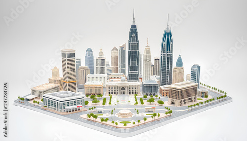 A breathtaking luxury city model with miniature high-rises, grand plazas, and elegant streets, displayed on a seamless white backdrop