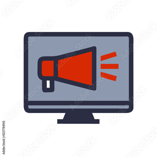 Computer monitor icon displaying a megaphone, symbolizing communication in grey and red colors