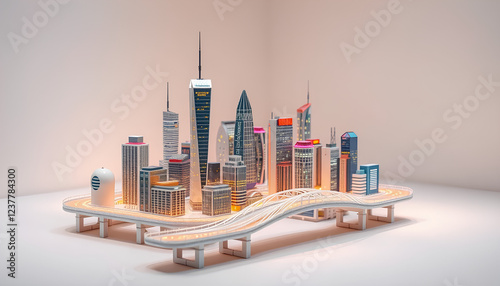 A dreamlike modern miniature city with dazzling skyscrapers, futuristic bridges, and urban lights, appearing weightless on a white stage
