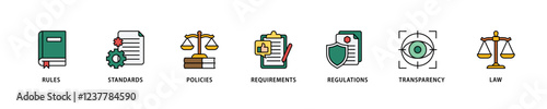 Compliance icon set flow process which consists of law, requirements, transparency, regulations, policies, standards, rules icon live stroke and easy to edit .