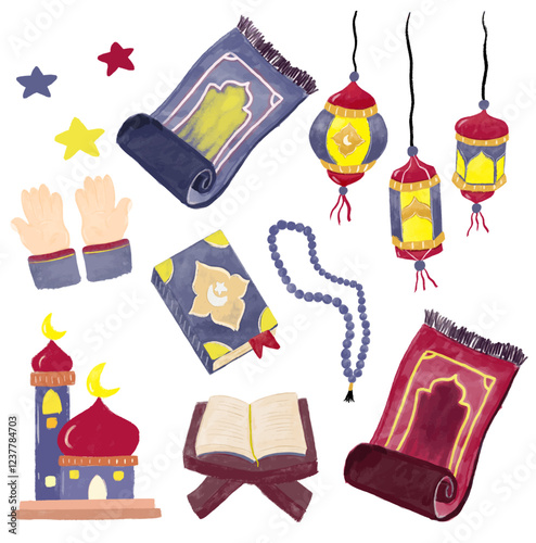 set ramadan eid mubarak eid al fitr adha moslem prayer mosque quran lantern mat element ornament watercolor design illustration in pastel bright gray blue red maroon color vector 