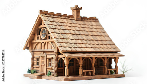 A highly detailed miniature of an old wooden cottage, with intricate carvings and a vintage aesthetic, placed against a clean white background photo