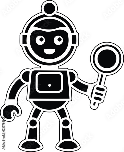 Robot with search icon in this hand vector art, Modern Robot silhouette vector illustration, Robot isolated vector icon design