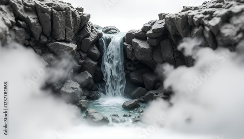 A mesmerizing miniature waterfall flowing through a rocky canyon, with soft mist enveloping the scene, standing alone on a white background