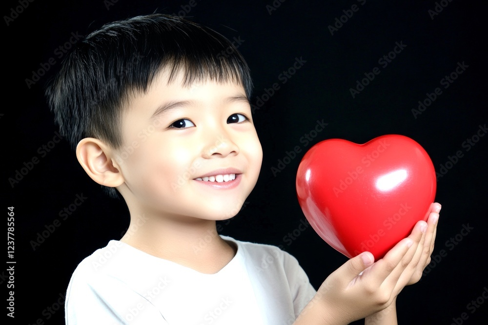 Commercial layout art. Sign of love. Сhildren valentine's day greeting card: child boy with happy face holds red heart in hands. Love and red heart. Romantic holiday moment. Commercial layout art. Sign of love. Сhildren valentine's day greeting card: child boy with happy face holds red heart in hands. Love and red heart. Romantic holiday moment.