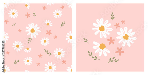 Seamless pattern with daisy chamomile, pink flower, green branch on pink background. Daisy icon sign vector.