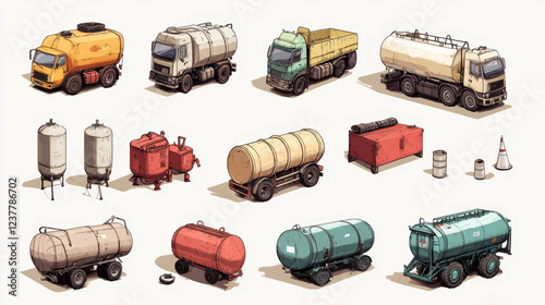 Oil industry sketched icons of r storage, transportation and sale of gasoline, tanks, pump and canister. Vector sketch illustration photo