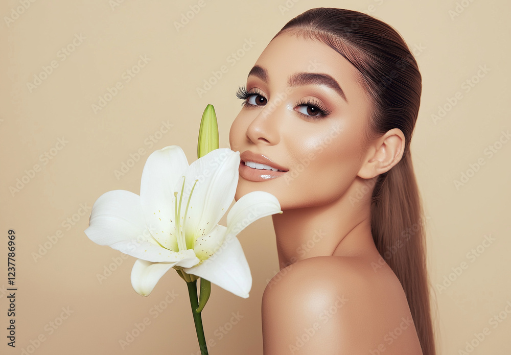 A woman with elegant features and a radiant smile holds a delicate white lily beside her face against a soft beige background. Her glowing skin and serene expression create a captivating beauty A woman with elegant features and a radiant smile holds a delicate white lily beside her face against a soft beige background. Her glowing skin and serene expression create a captivating beauty