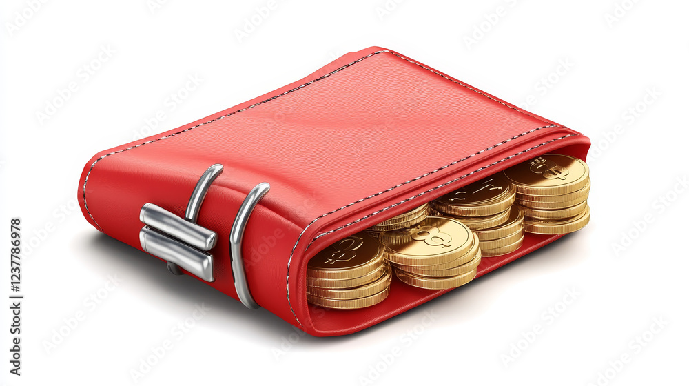 Cartoon wallet with golden coins. Isolated vector red women purse with shiny silver clasp in retro style, overflowing with gold coins are stacked on top of each other, suggesting wealth and prosperity Cartoon wallet with golden coins. Isolated vector red women purse with shiny silver clasp in retro style, overflowing with gold coins are stacked on top of each other, suggesting wealth and prosperity