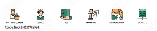 CRM icon set flow process which consists of customer loyalty, service, sale, marketing, communication, and database icon live stroke and easy to edit .