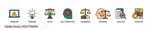 Critical thinking icon set flow process which consists of solution, analysis, self corrective, rational, judgement, facts, thinking, problem icon live stroke and easy to edit .