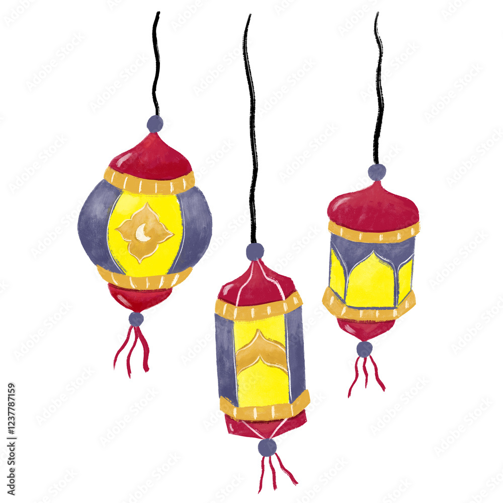 Obraz premium cute hanging lantern lights celebration islamic arabian arabic moslem doodle watercolor illustration red blue gray grey yellow digital sticker png transparent clipart