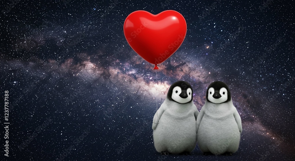 Obraz premium Adorable Penguin Couple with Heart Balloon in Space Romantic Galaxy Background