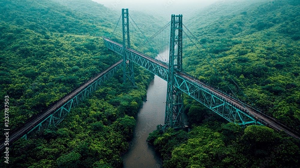 Obraz premium Majestic Green Bridge Spanning Lush River Valley: An Aerial View of Architectural Marvel