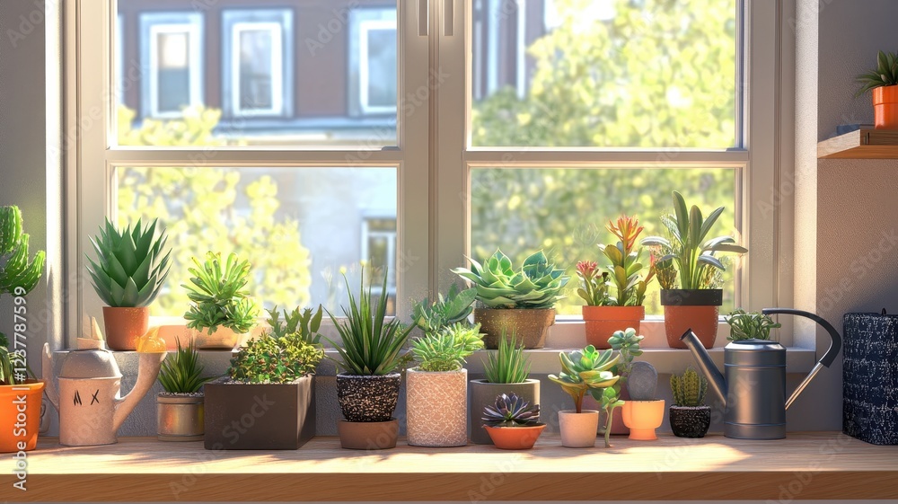 Bright modern urban apartment featuring a vibrant windowsill filled with lush plants and stylish decor. Bright modern urban apartment featuring a vibrant windowsill filled with lush plants and stylish decor.