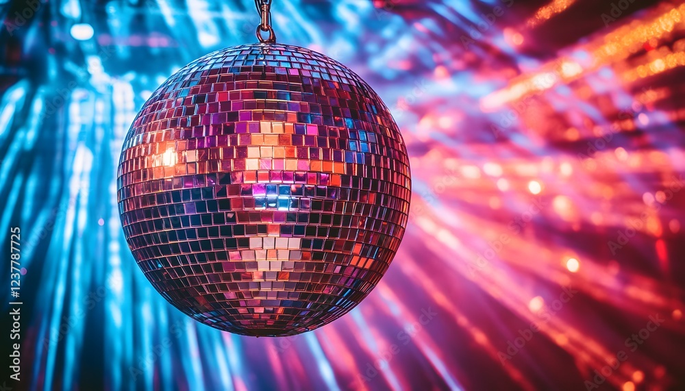 Obraz premium Disco ball hanging in vibrant colorful lights