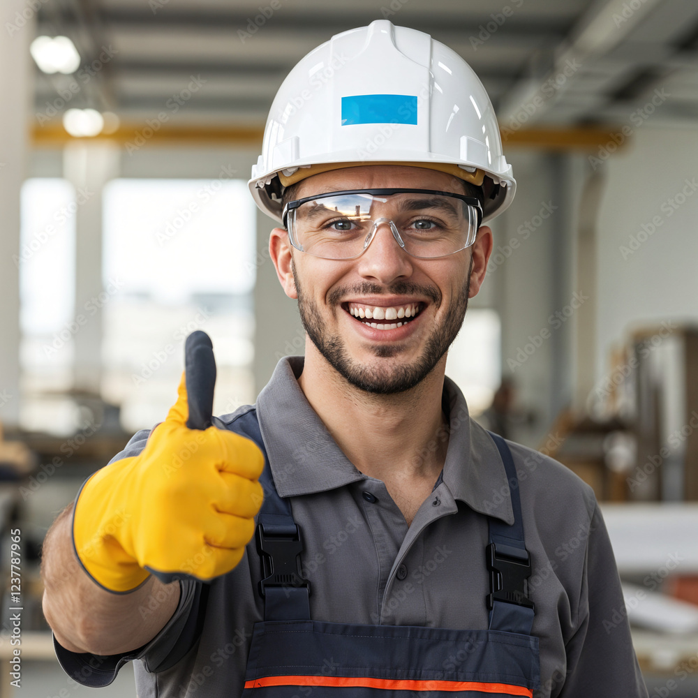 cheerful worker giving thumbs up . Generative AI cheerful worker giving thumbs up . Generative AI