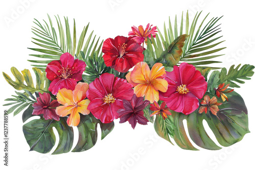 A vibrant arrangement of colorful hibiscus flowers surrounded by lush green leaves.