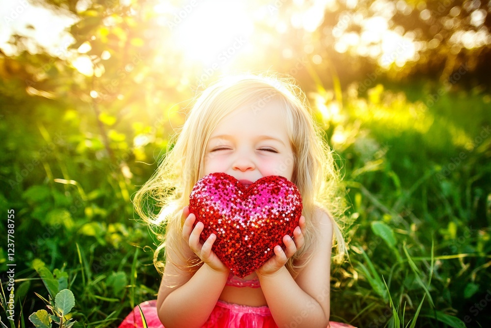 Commercial advertising conceptual art depiction. Ð¡hildren valentine's day greeting card: toddler girl with begging eyes face holds red heart in hands. Sign of love. Love and celebration.
