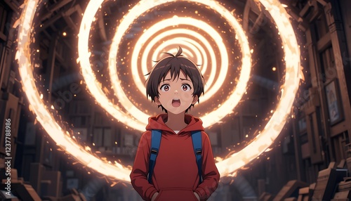 Astonished Anime Boy Witnessing Mystical Fiery Rings in a Mysterious Wooden Room, Anime Artwork, Digital Painting, Fantasy Illustration