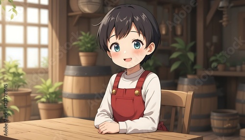 Adorable Anime Girl with Blue Eyes Sitting at a Wooden Table in a Rustic Workshop Setting, Wearing Red Overalls, Brightly Lit by Sunlight