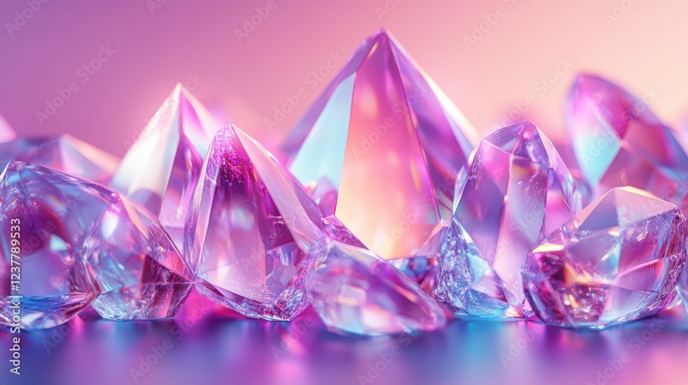 Pink iridescent crystals glow, studio backdrop Pink iridescent crystals glow, studio backdrop