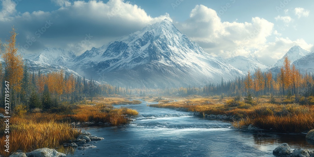 Majestic Mountain River Autumn Scenery: Breathtaking Panoramic View of Snow-Capped Peaks, Golden Fall Foliage, and Serene River Flowing Through Lush Meadow Majestic Mountain River Autumn Scenery: Breathtaking Panoramic View of Snow-Capped Peaks, Golden Fall Foliage, and Serene River Flowing Through Lush Meadow